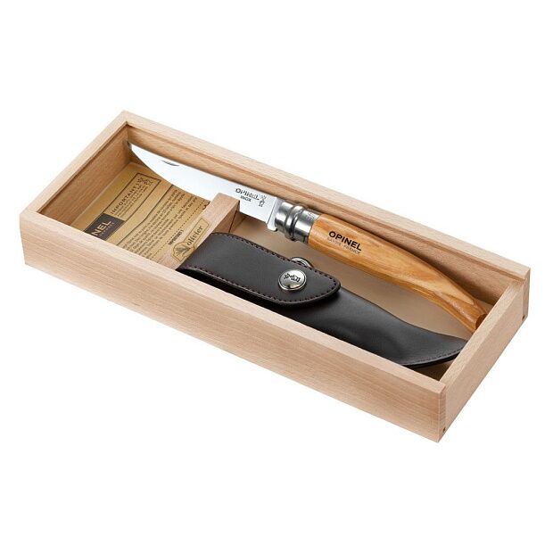 Нож филейный Opinel 10,  нержавеющая сталь, рукоять оливковое дерев, чехол, деревянный футляр, 0010 - 3