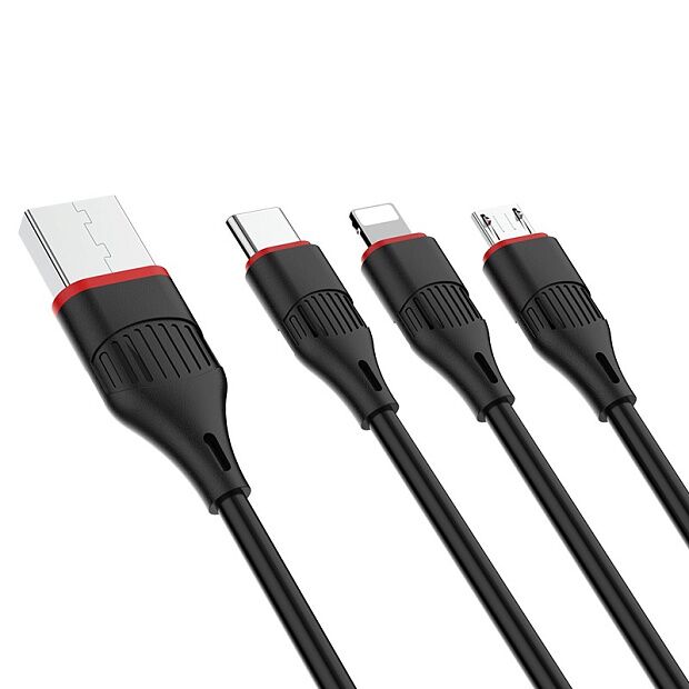 USB кабель BOROFONE BX17 3-in-1 Lightning 8-pin/MicroUSB/Type-C, 2.4A, 1м, PVC (черный) - 1